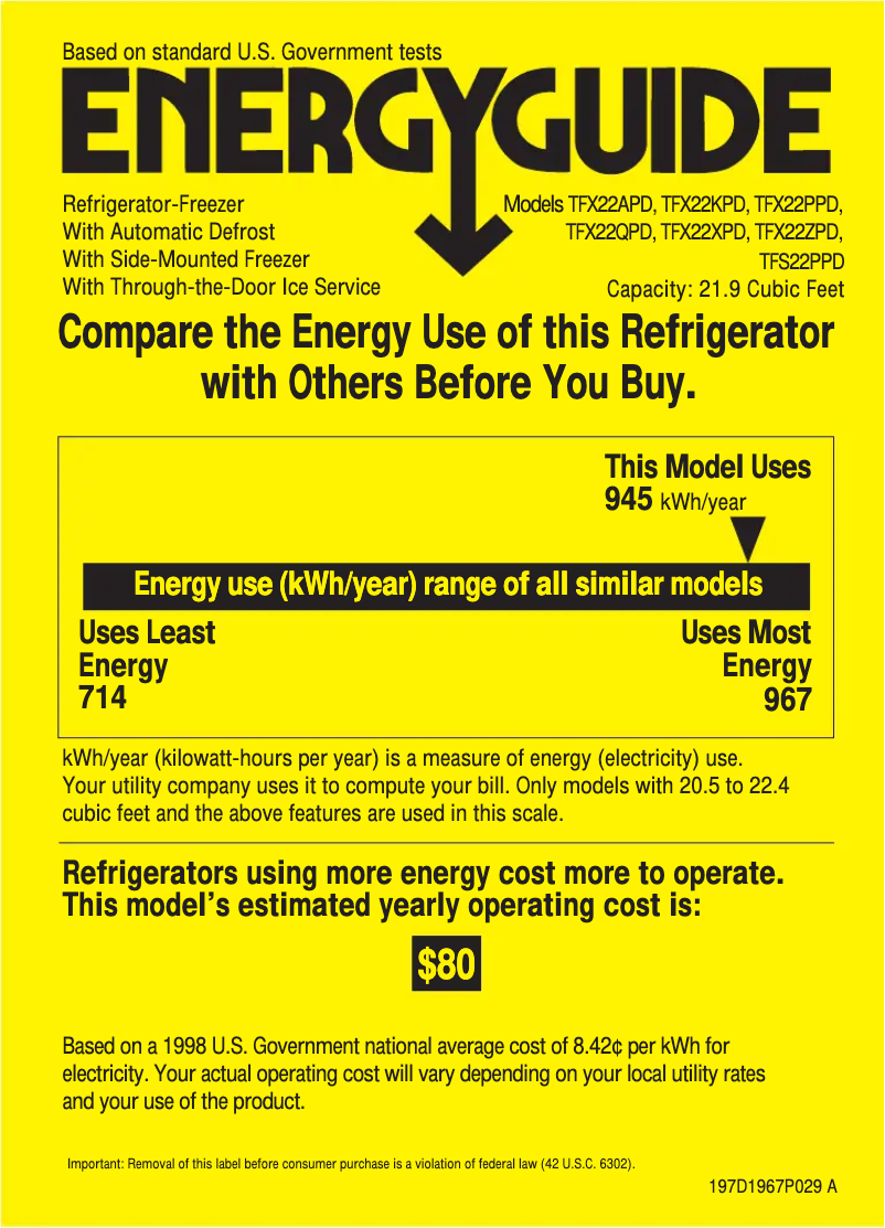 Page 1 of the manual Energy Label GE Profile Performance TFX22PPDBB