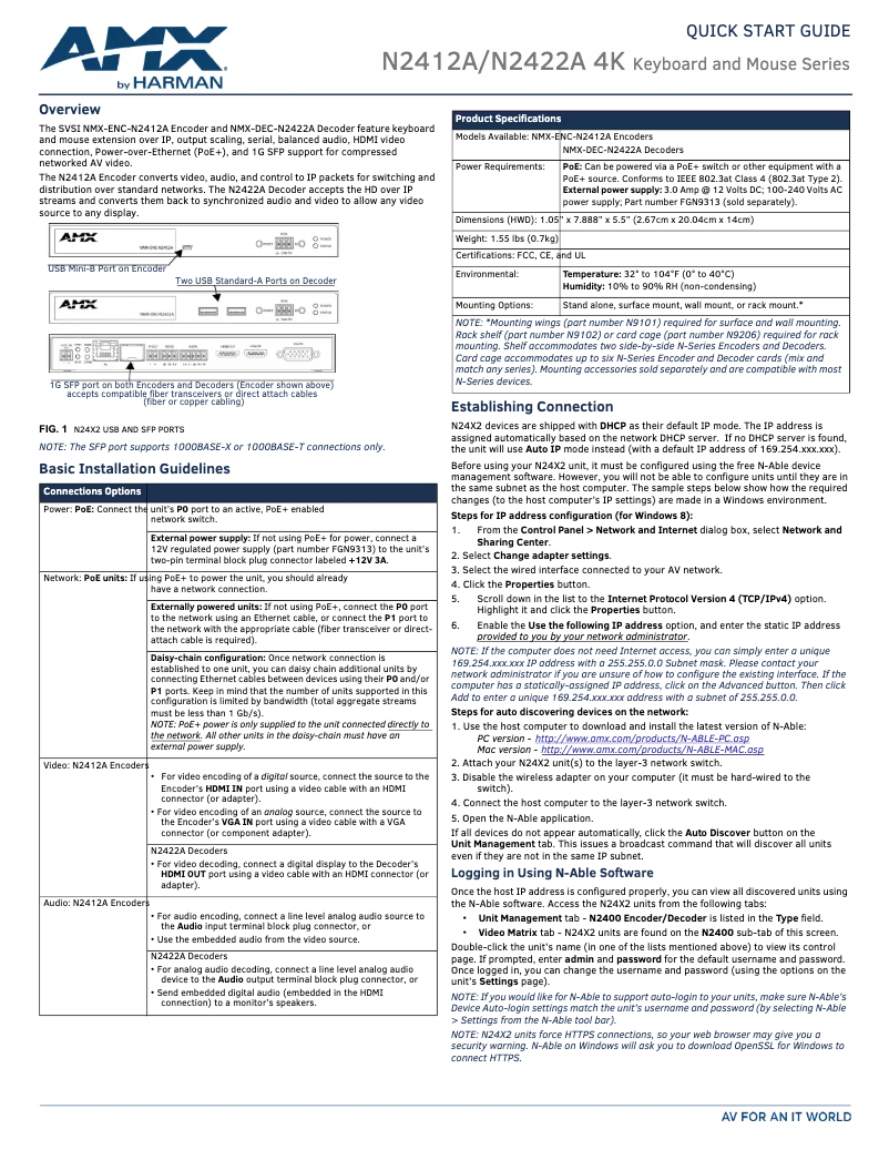 Page 1 de la notice Guide de démarrage rapide AMX NMX-ENC-N2412A