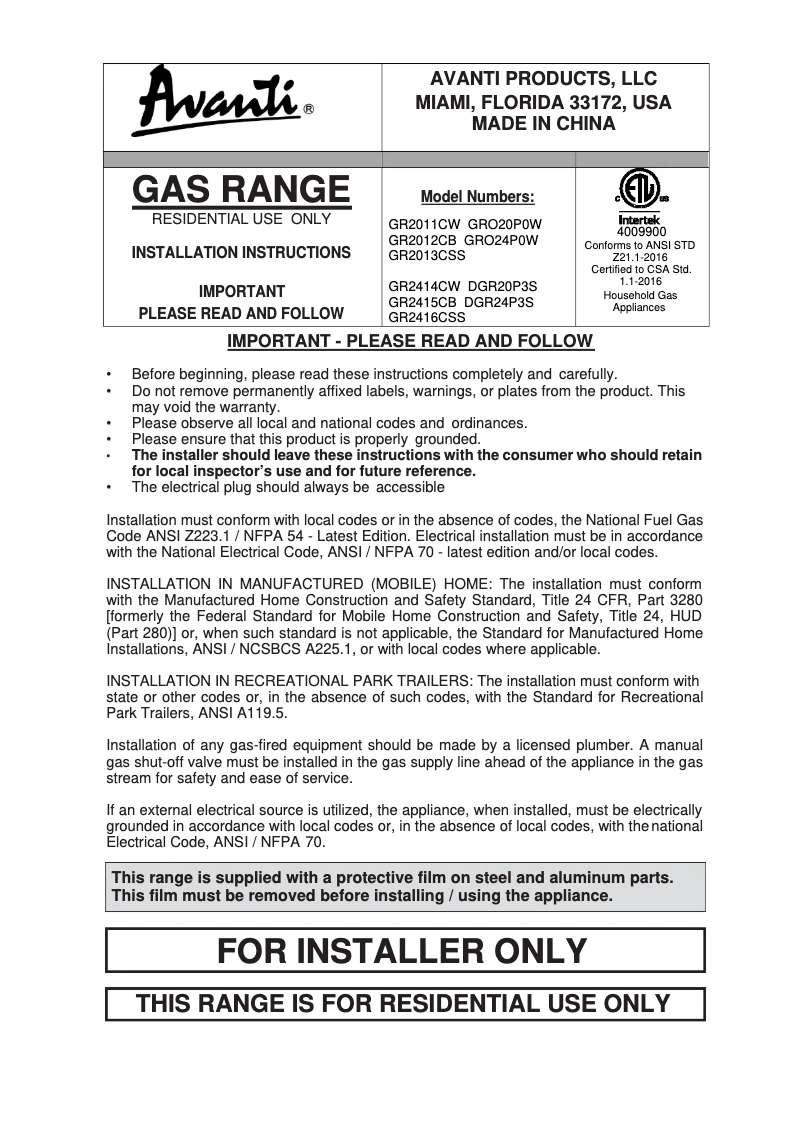 Page 1 de la notice Guide d'installation Avanti GR2011CW