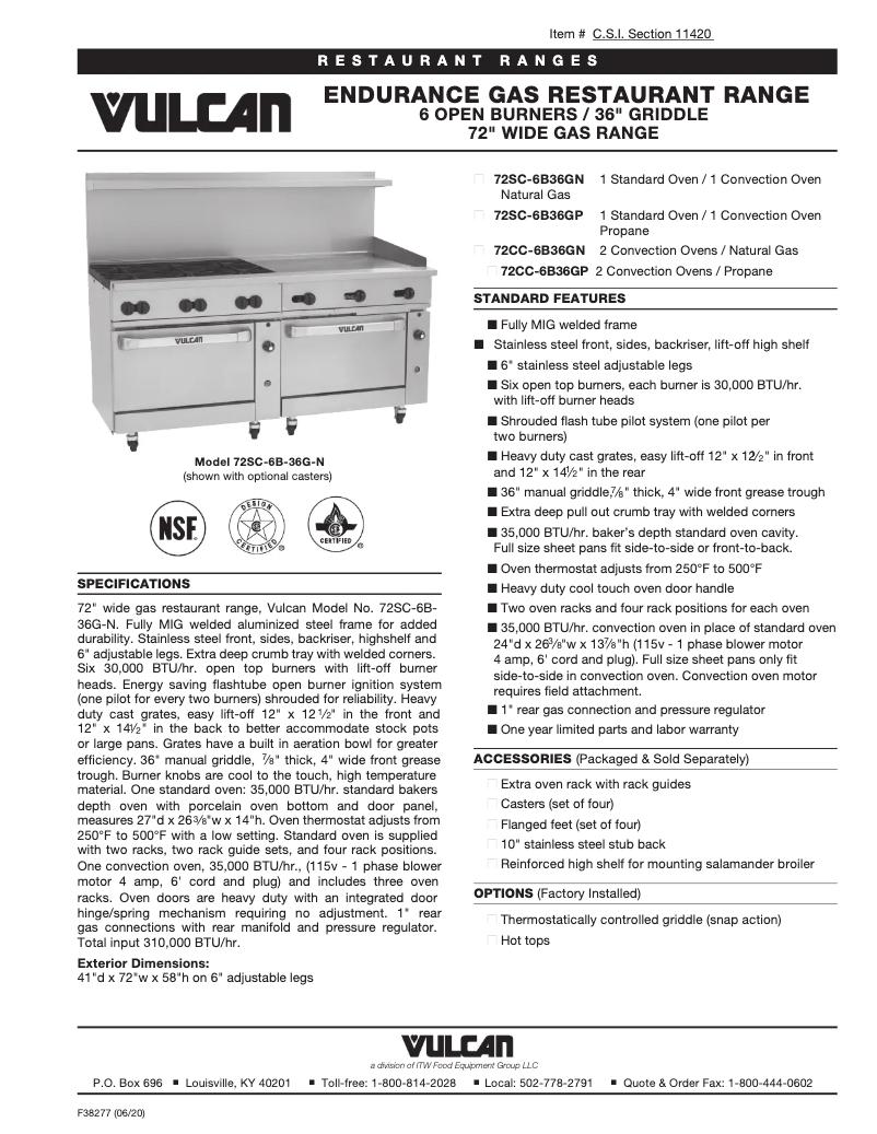 Page 1 de la notice Fiche technique Vulcan 72SC-6B36GT