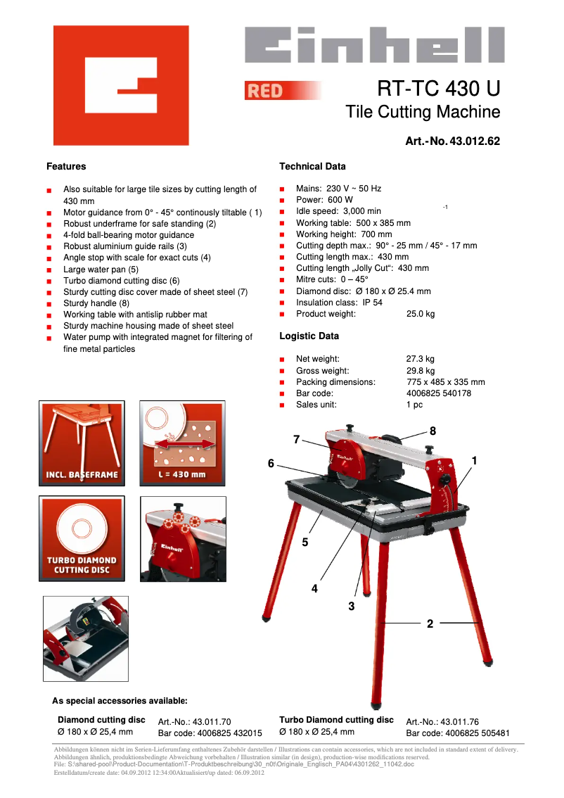 Page 1 de la notice Fiche technique Einhell RT-TC 430 U