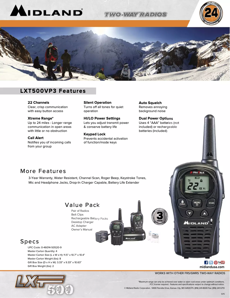 Page 1 de la notice Fiche technique Midland LXT500VP3
