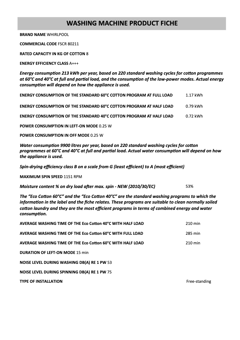 Page 1 de la notice Fiche technique Whirlpool FSCR 80211