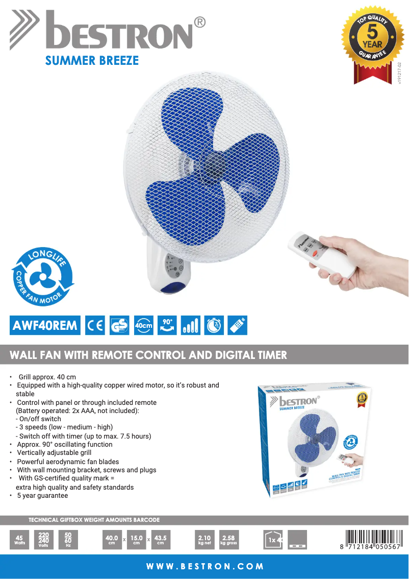 Page 1 de la notice Fiche technique Bestron AWF40REM