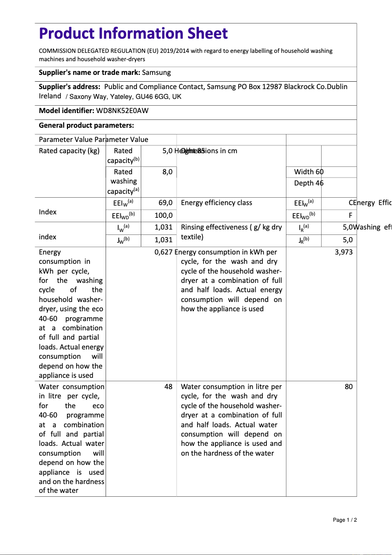 Página 1 del manual Ficha técnica Samsung WD8NK52E0AW