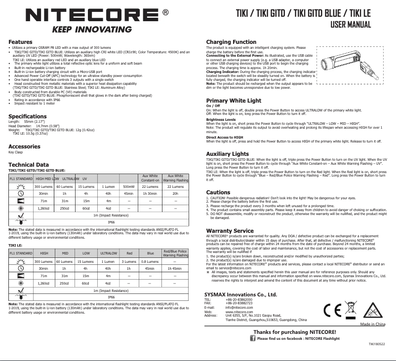 Page 1 de la notice Manuel utilisateur Nitecore TIKI GITD