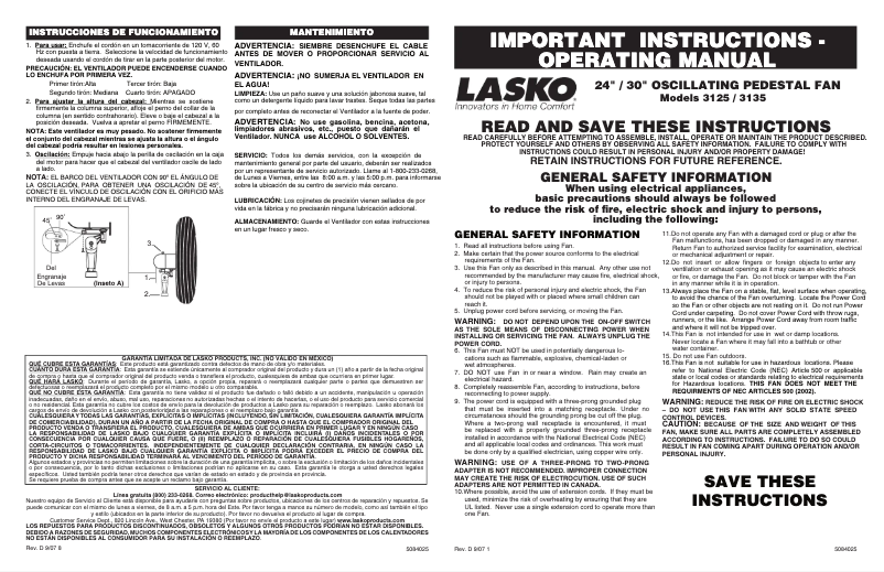 Page 1 of the manual User Manual Lasko 3135
