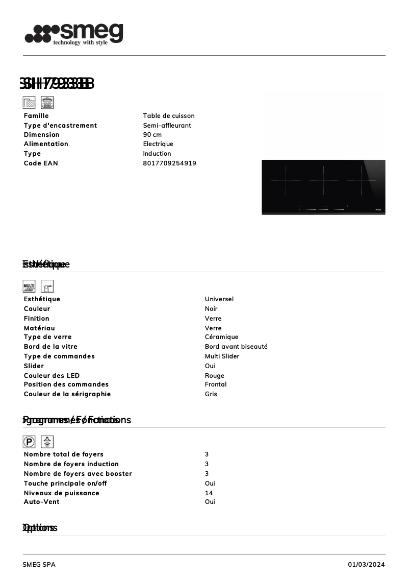 Page 1 de la notice Fiche technique Smeg SIH7933B