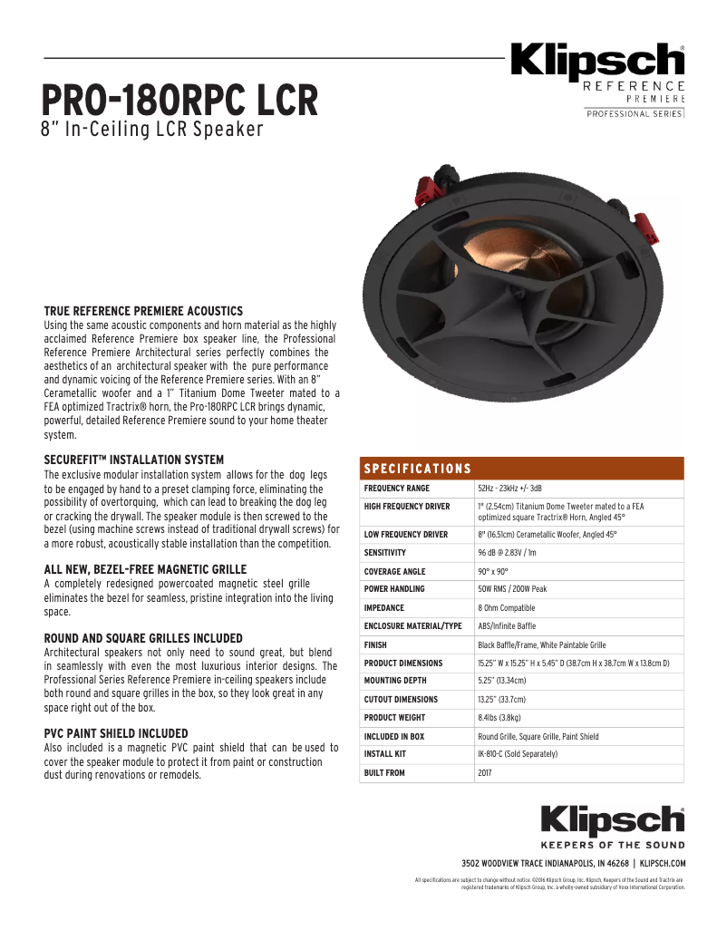 Page 1 de la notice Fiche technique Klipsch PRO-180RPC LCR