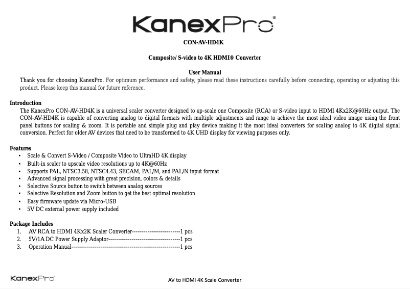 Page 1 de la notice Manuel utilisateur KanexPro CON-AV-HD4K