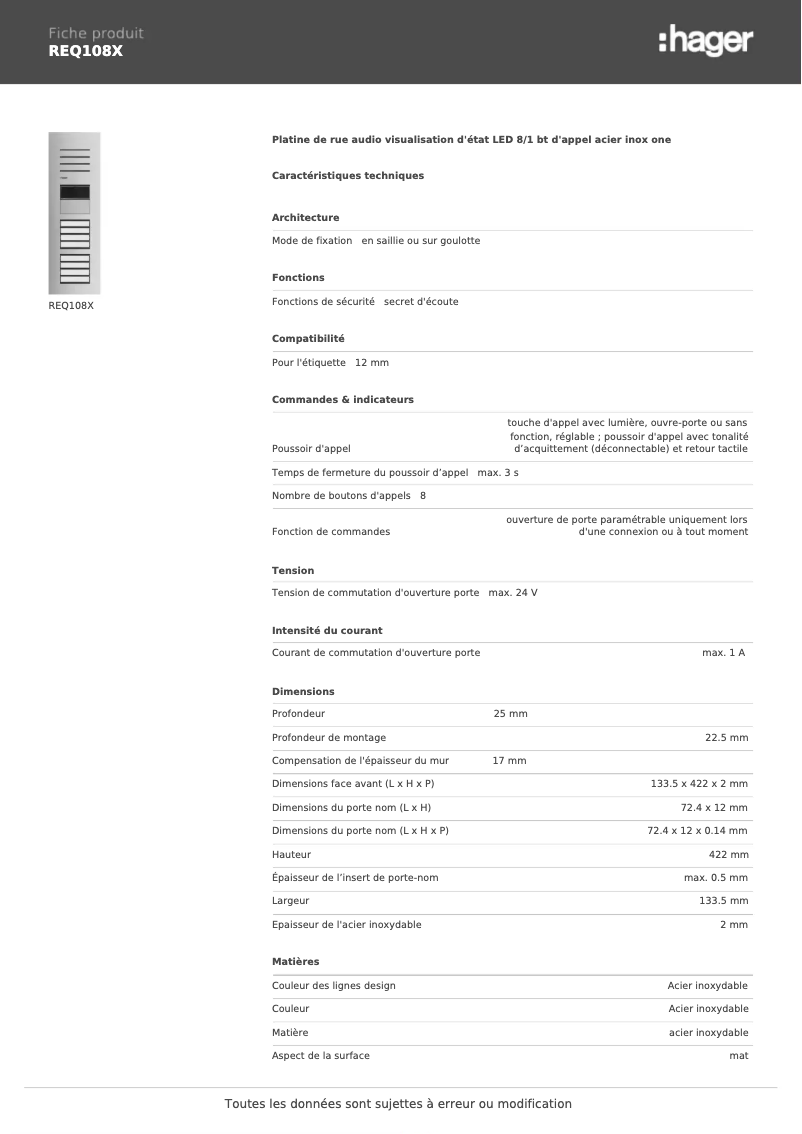 Page 1 de la notice Fiche technique Hager REQ108X