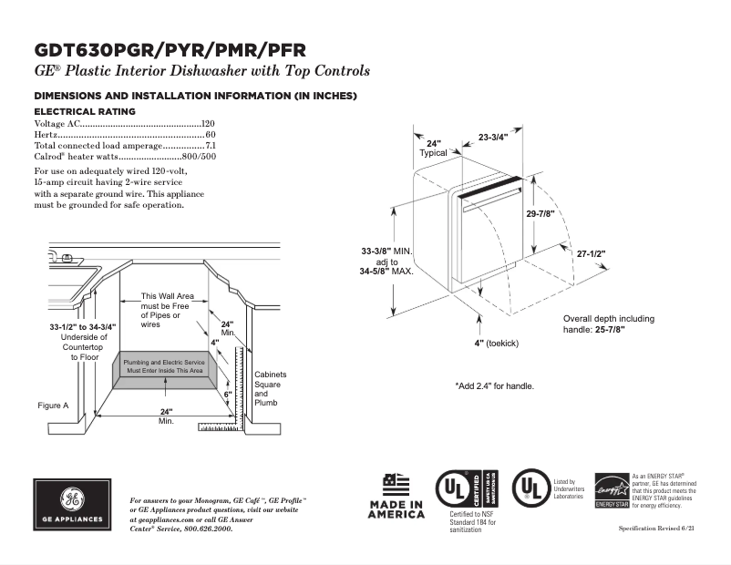 Page 1 de la notice Fiche technique GE GDT630PYRFS