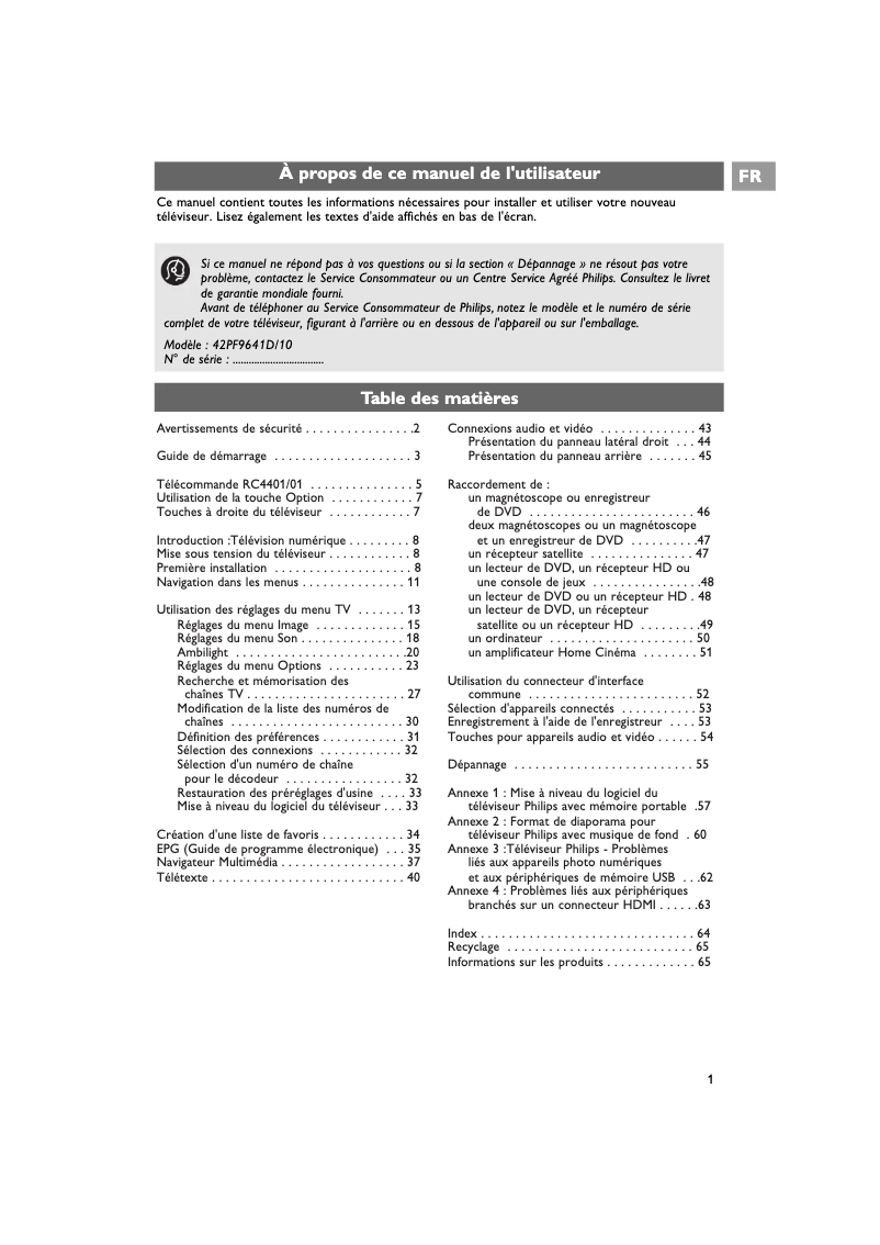 Page n°1 - Manuel utilisateur Philips 42PF7641D
