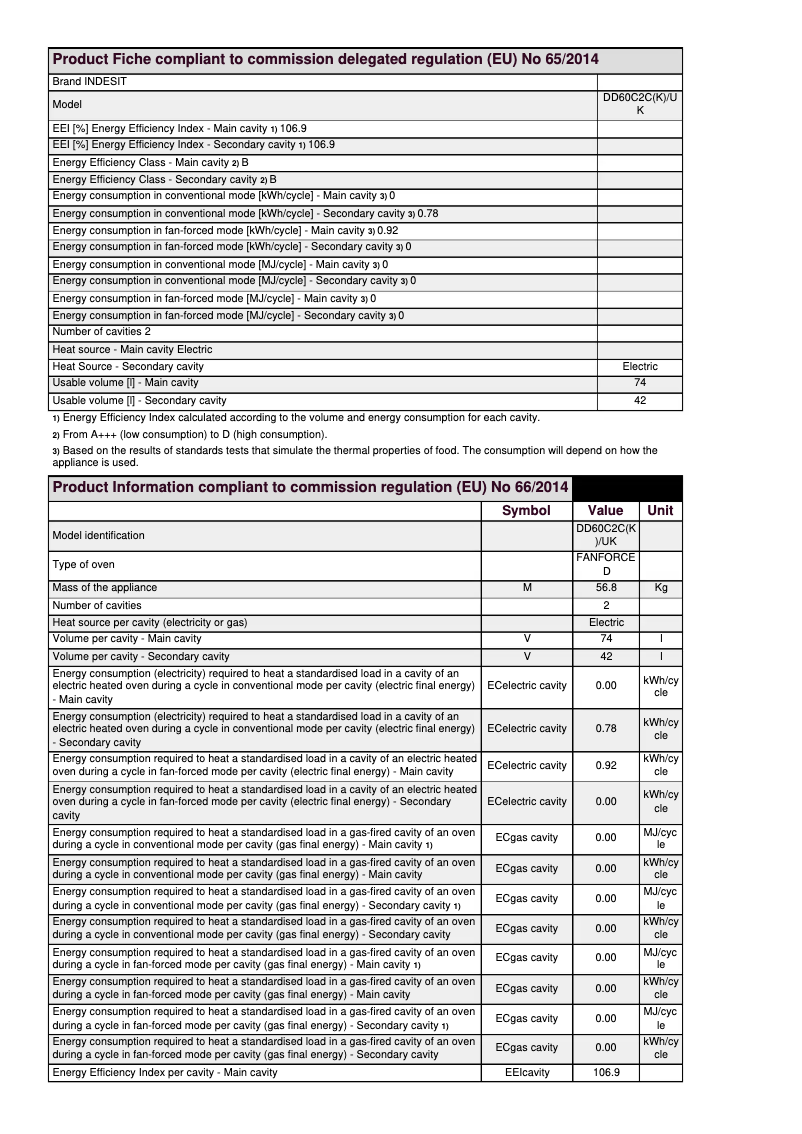 Page 1 de la notice Fiche technique Indesit DD60C2C(K)/UK