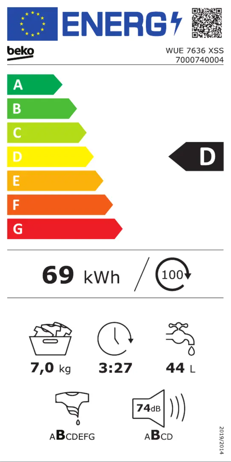 Page 1 de la notice Label énergétique Beko WUE 7636 XSS