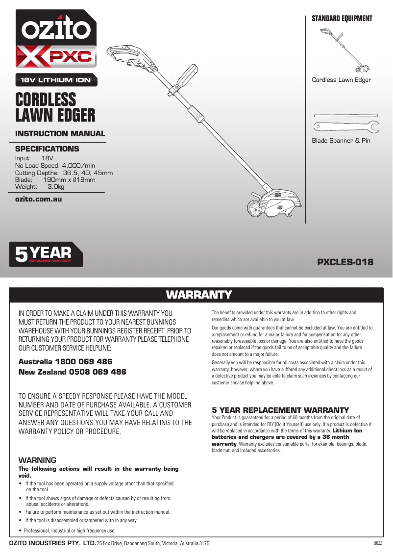 Page 1 de la notice Manuel utilisateur Ozito PXLEK-1840