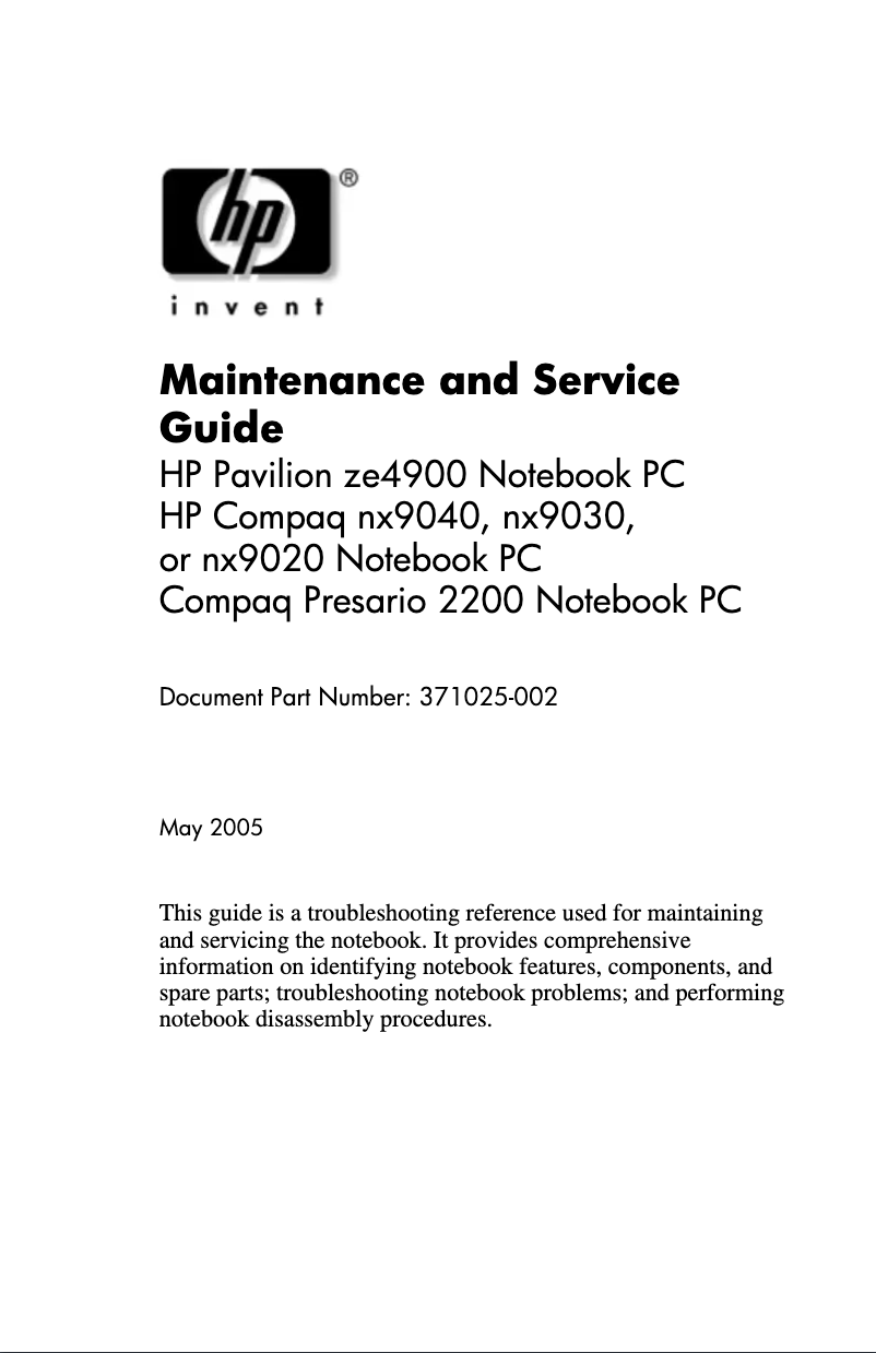 Page n°1 - Manuel d'utilisation et d'entretien HP Compaq nx9040