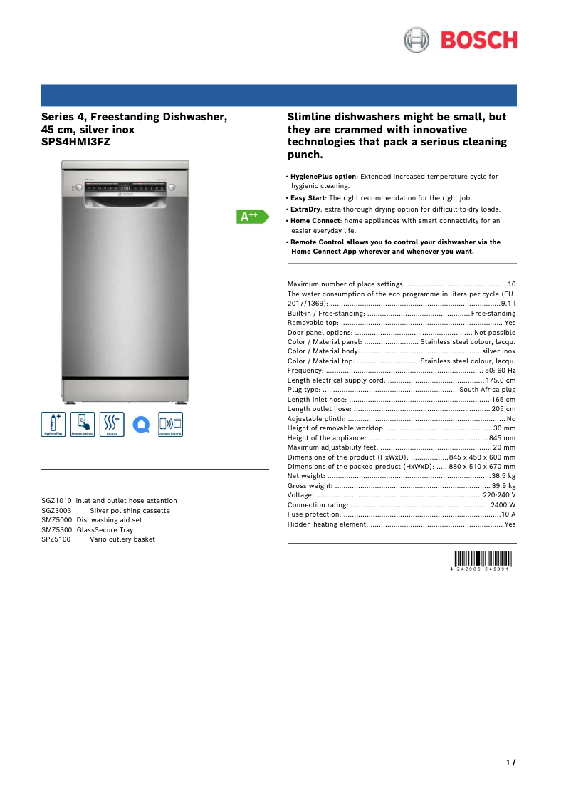 Page 1 de la notice Fiche technique Bosch SPS4HMI3FZ
