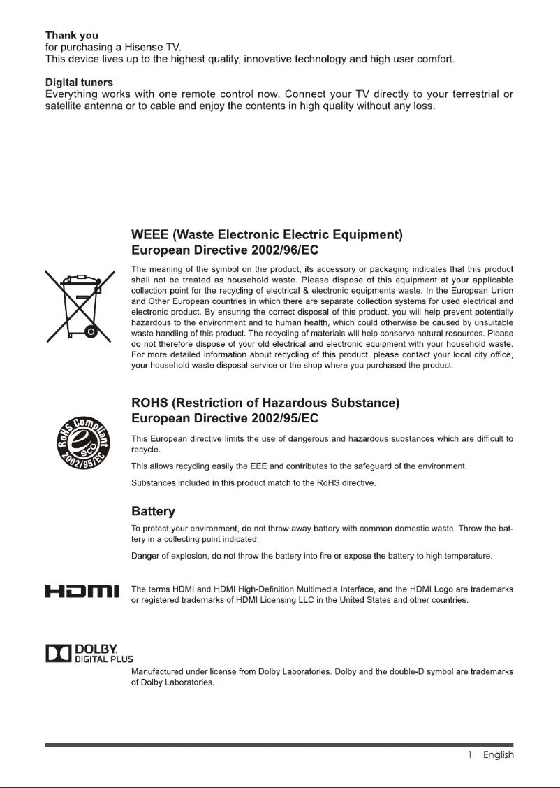 Page 1 de la notice Manuel utilisateur Hisense LTDN50K220WTEU