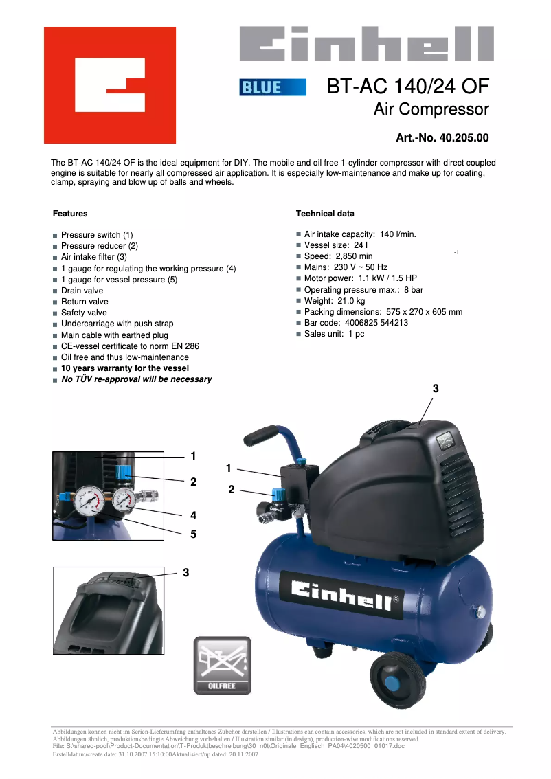 Page 1 de la notice Manuel utilisateur Einhell BT-AC 140/24 OF