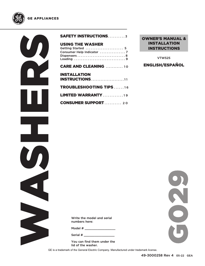 Page 1 of the manual Installation Guide GE VTW525ASRWB