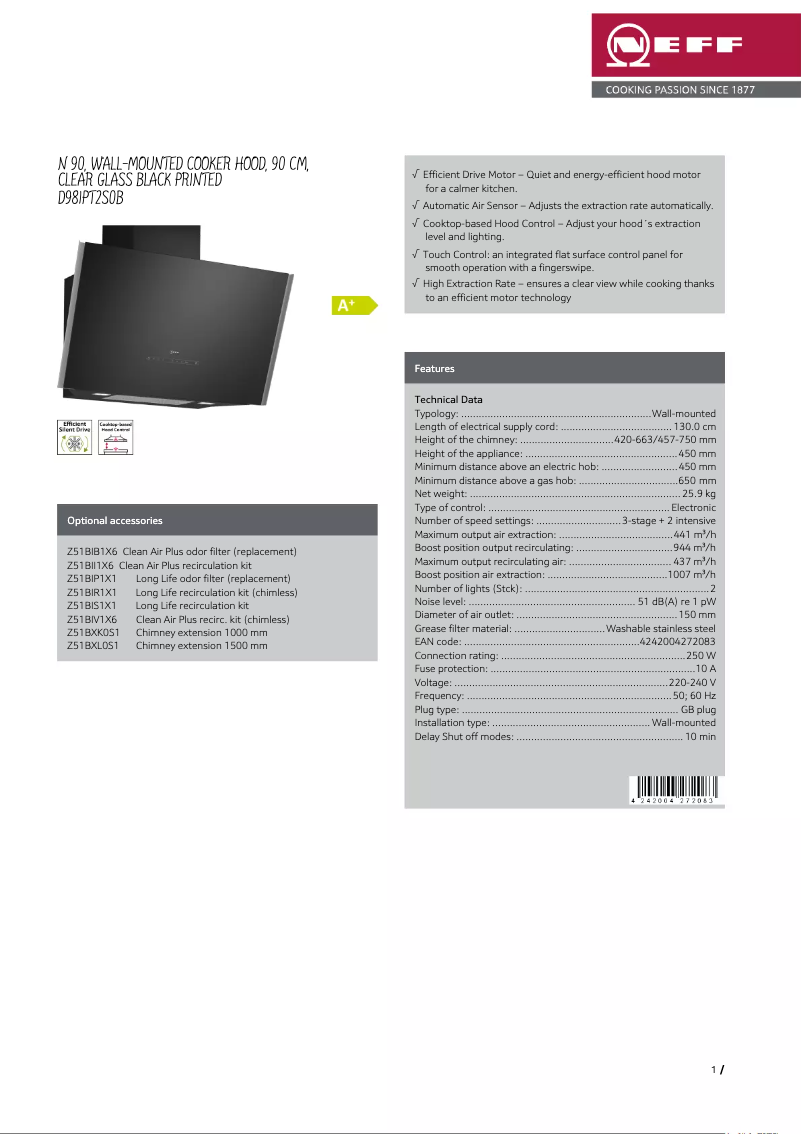 Página 1 del manual Ficha técnica Neff D98IPT2S0B