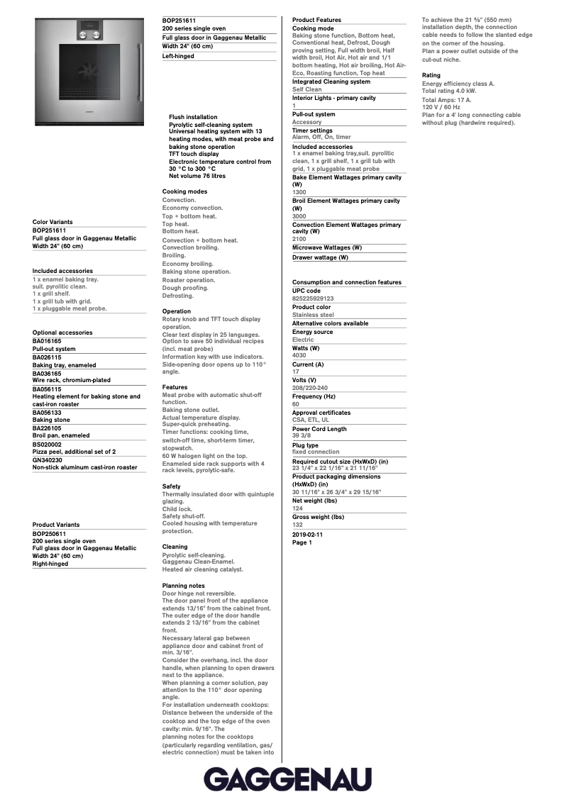 Page 1 de la notice Fiche technique Gaggenau BOP250611