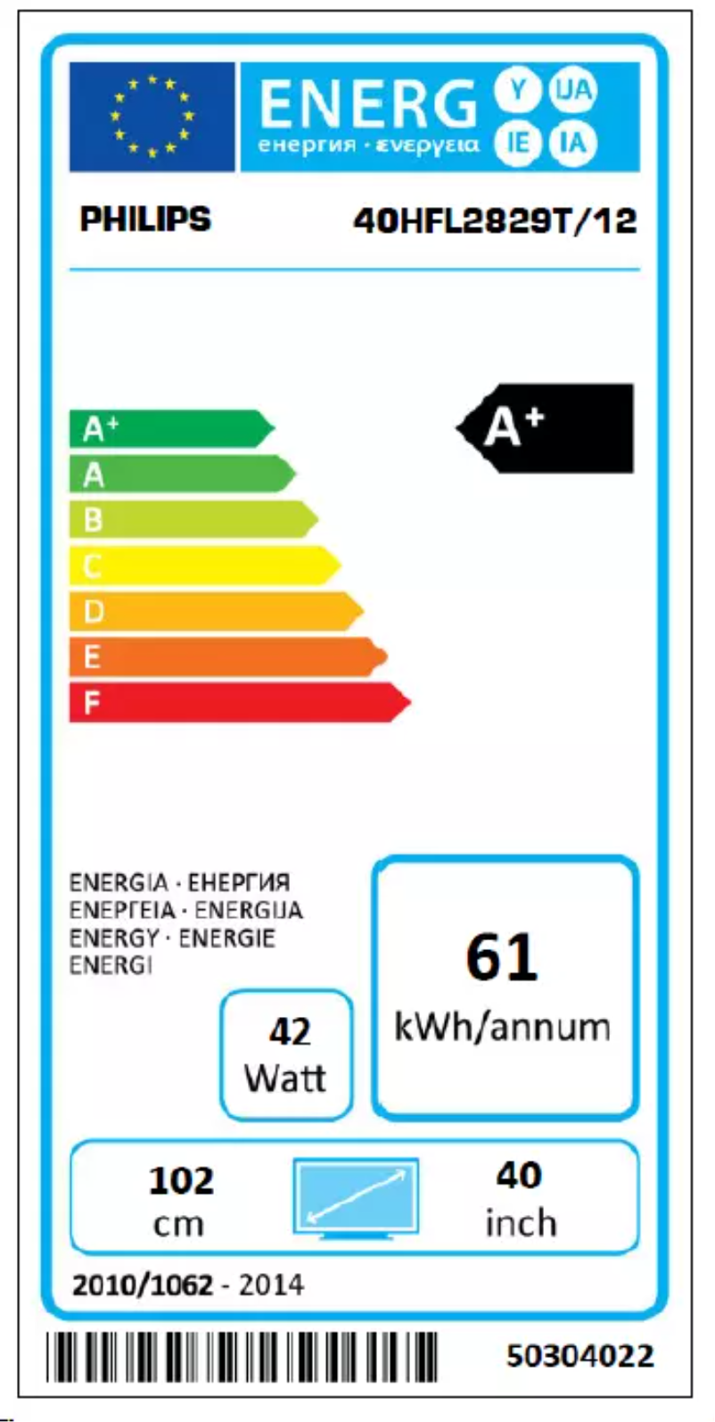 Page n°1 - Label énergétique Philips 40HFL2829T