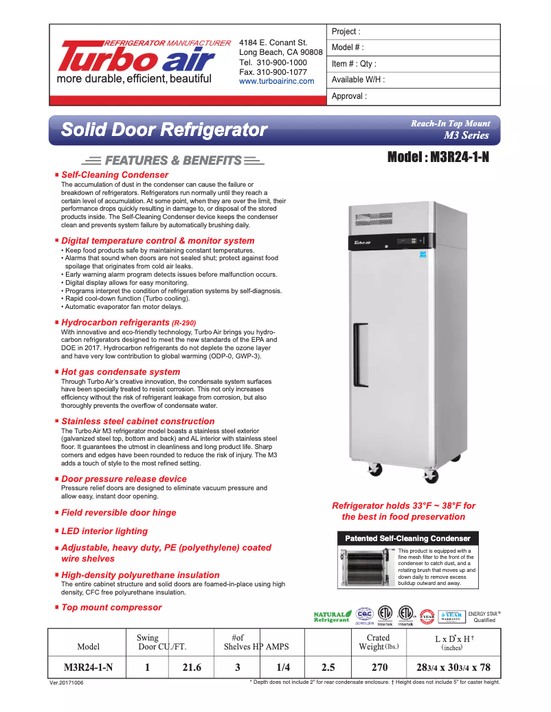 Página 1 del manual Ficha técnica Turbo air M3R24-1