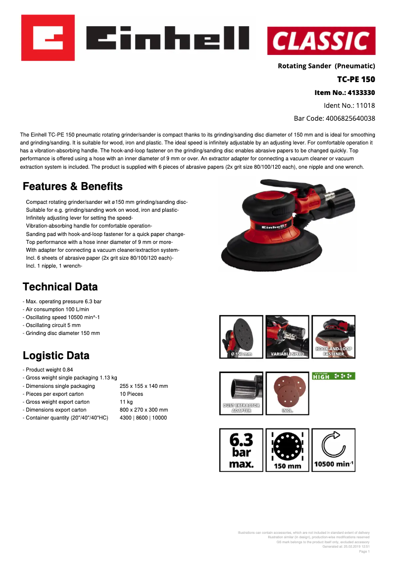 Página 1 del manual Ficha técnica Einhell TC-PE 150