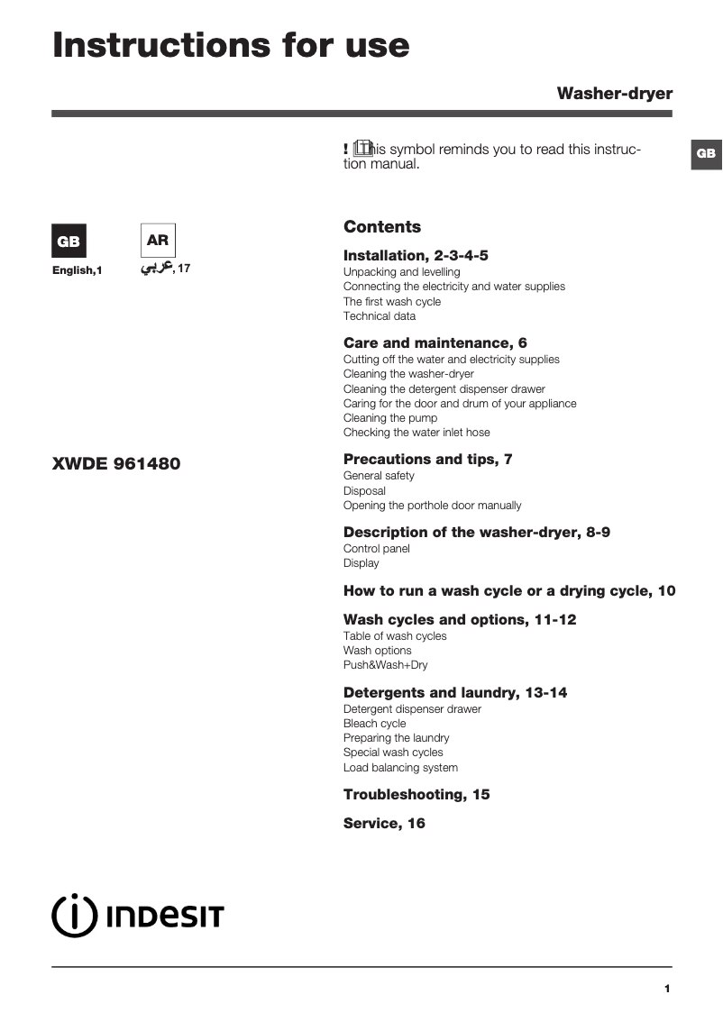 Page n°1 - Manuel utilisateur Indesit XWDE 961480X S GCC