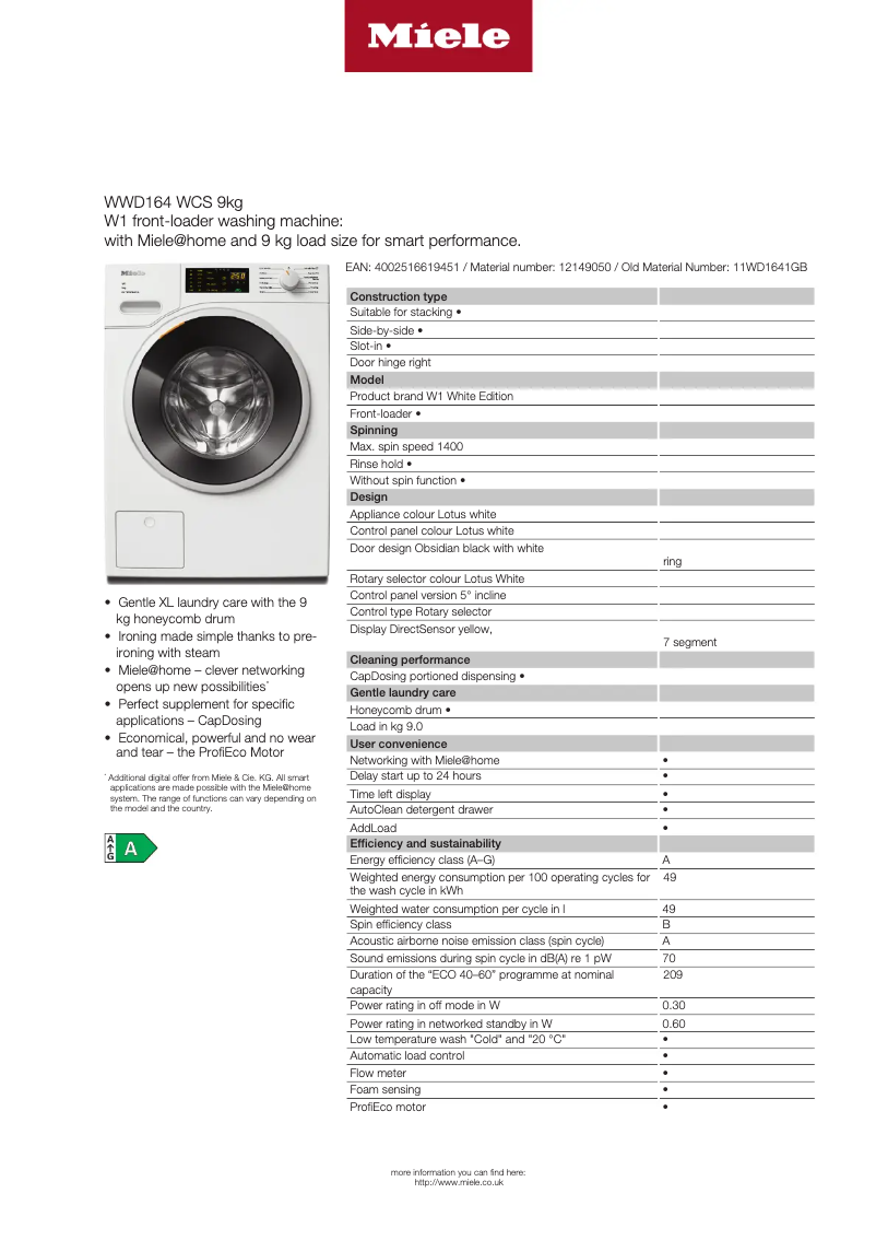 Page 1 de la notice Fiche technique Miele WWD164 WCS