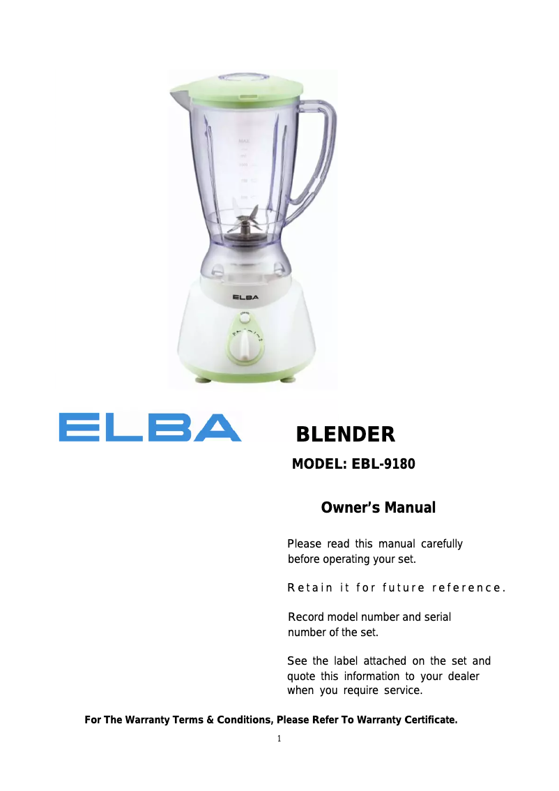 Page 1 de la notice Manuel utilisateur Elba EBL-9180