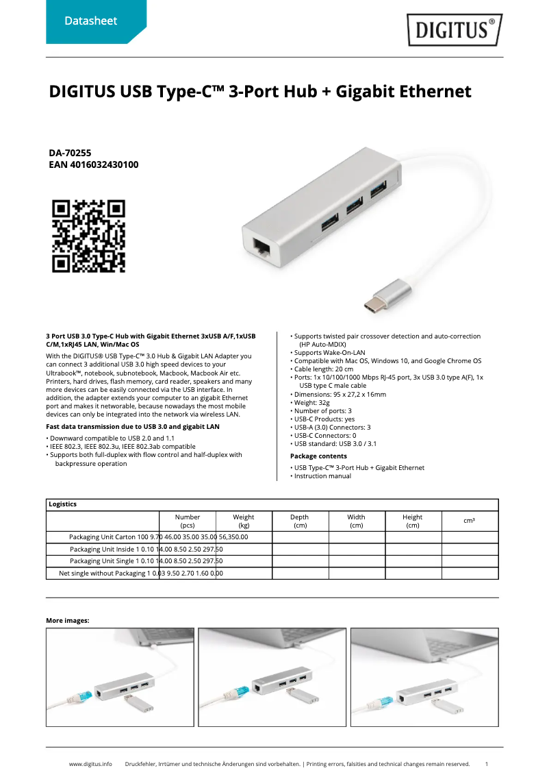 Page 1 de la notice Fiche technique Digitus DA-70255