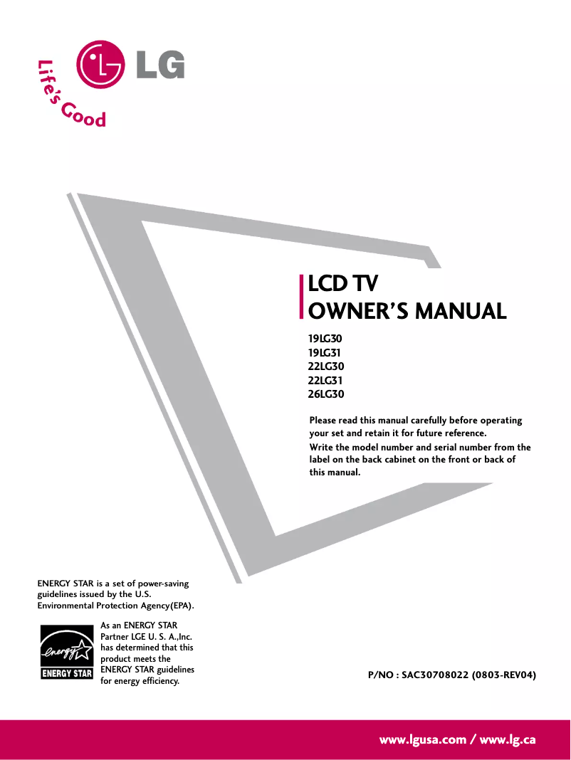 Page 1 de la notice Manuel utilisateur LG 26LG30DC