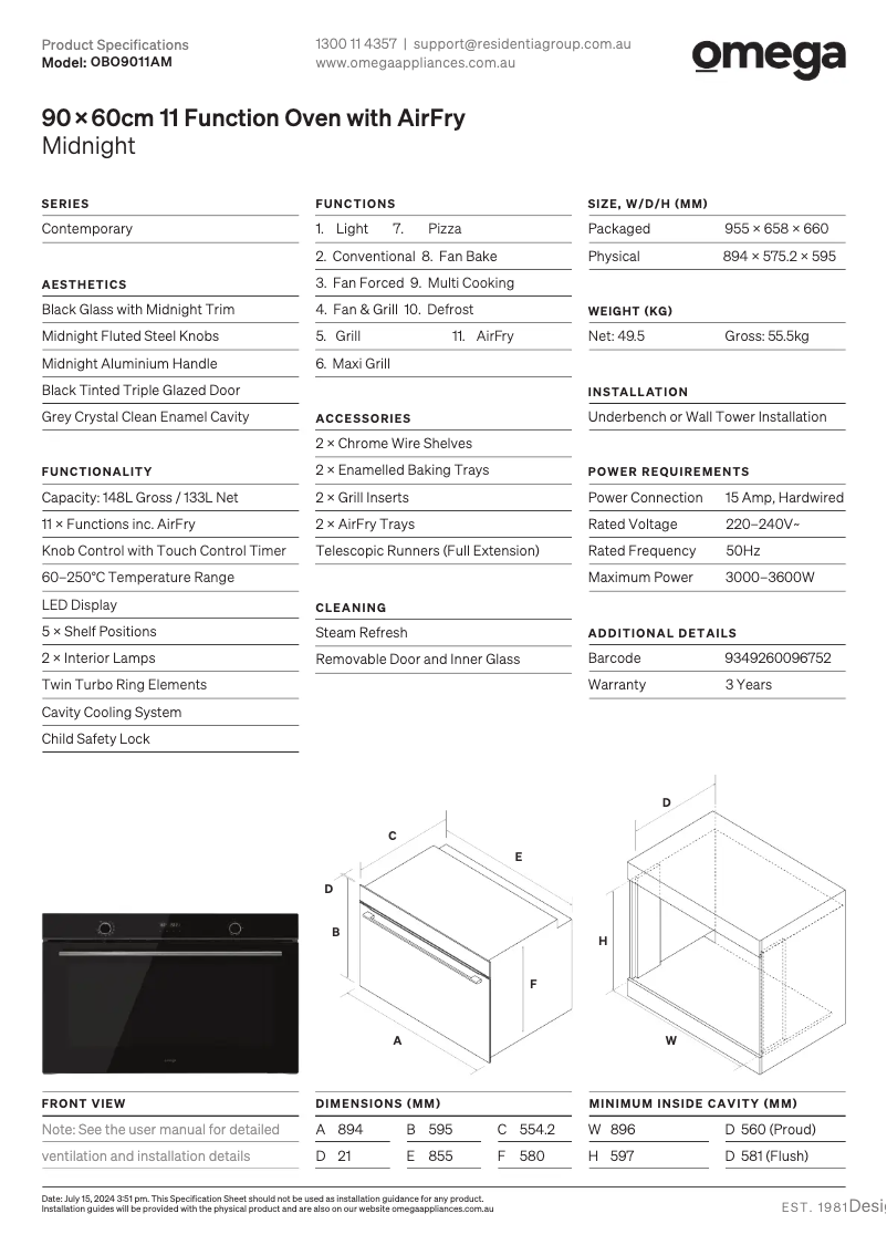 Page 1 de la notice Fiche technique Omega OBO9011AM