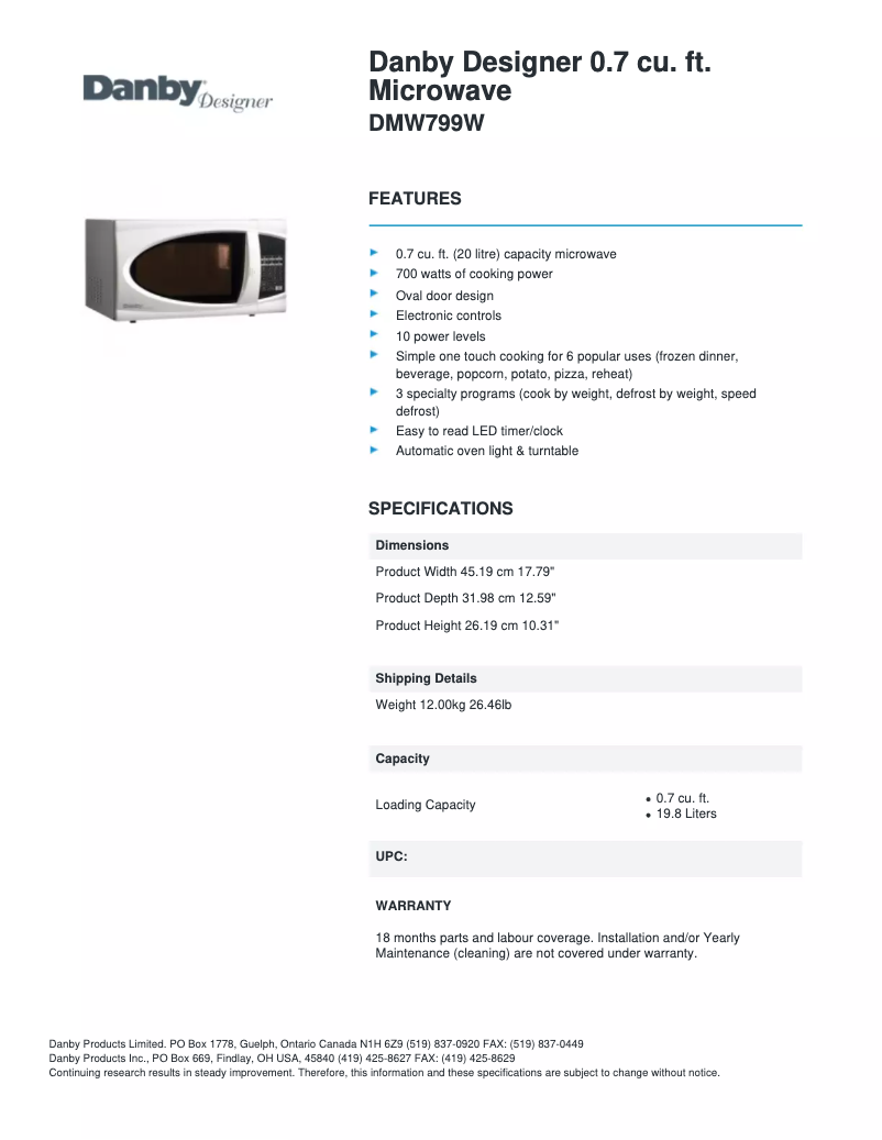 Page 1 de la notice Fiche technique Danby DMW799W