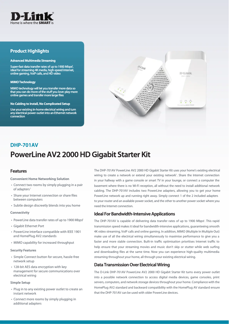 Page 1 of the manual Technical Sheet D-Link DHP-701AV