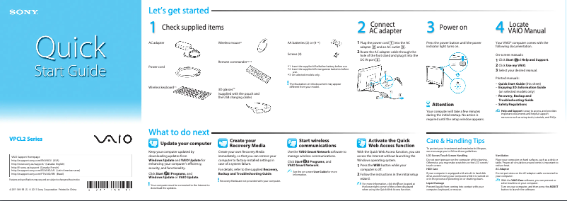 Page 1 de la notice Guide d'installation Sony Vaio VPCL237FX