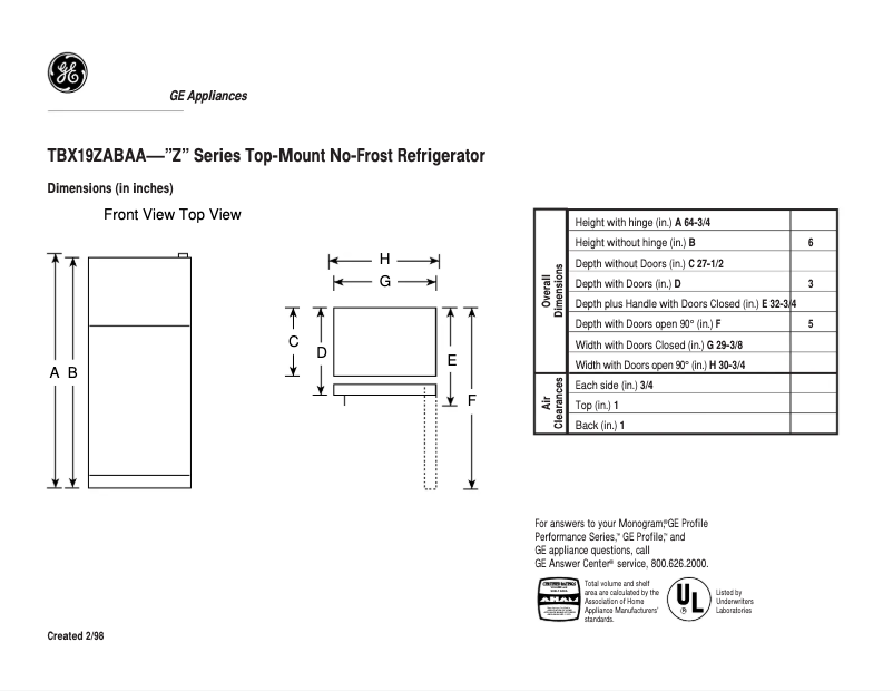 Page n°1 - Fiche technique GE TBX19ZABAA
