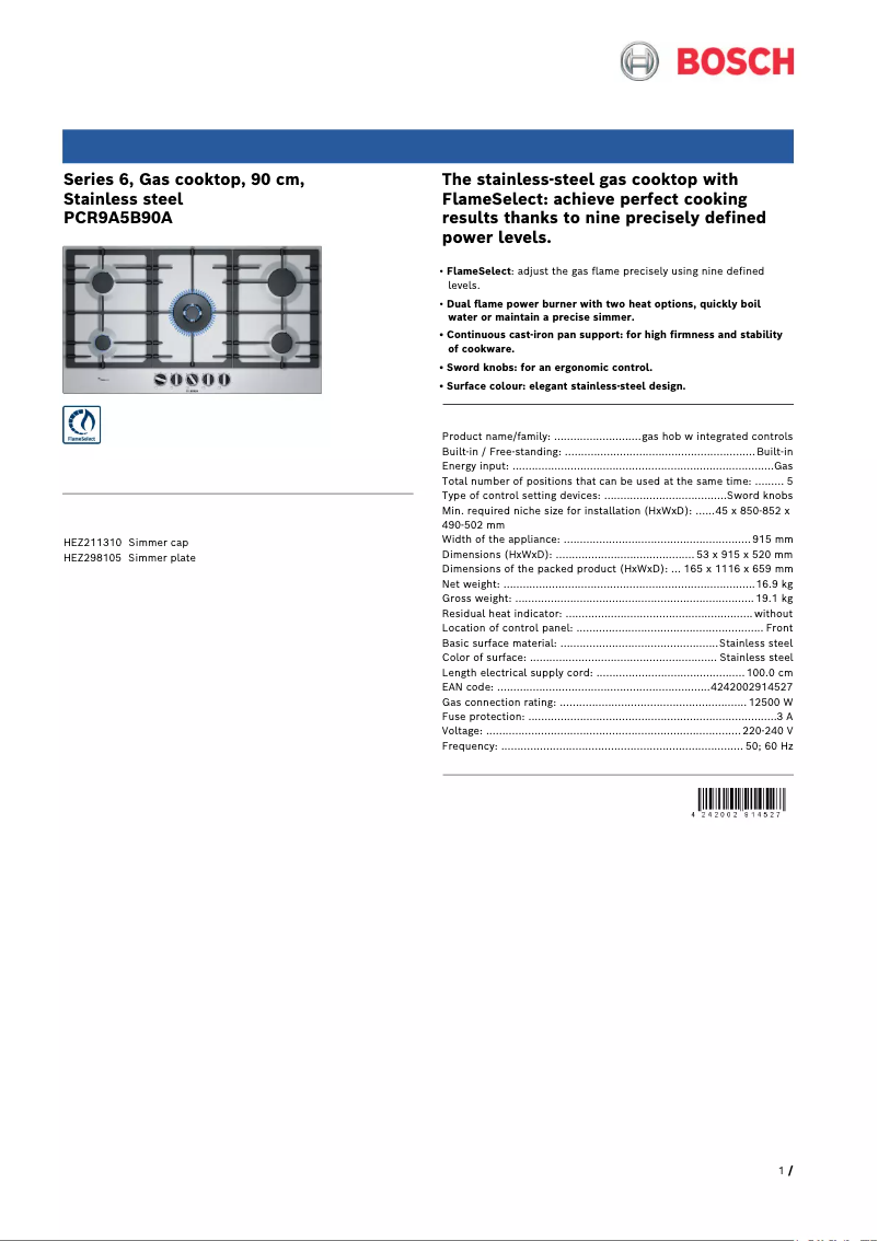 Page 1 of the manual Technical Sheet Bosch PCR9A5B90A