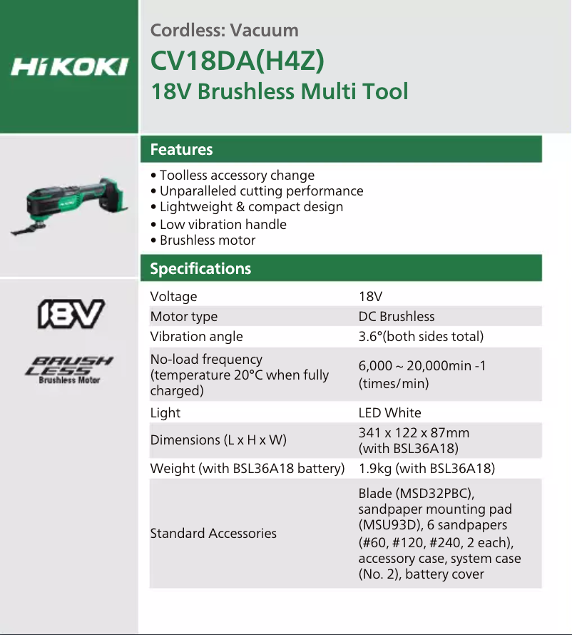 Page 1 de la notice Fiche technique HiKOKI CV 18DA