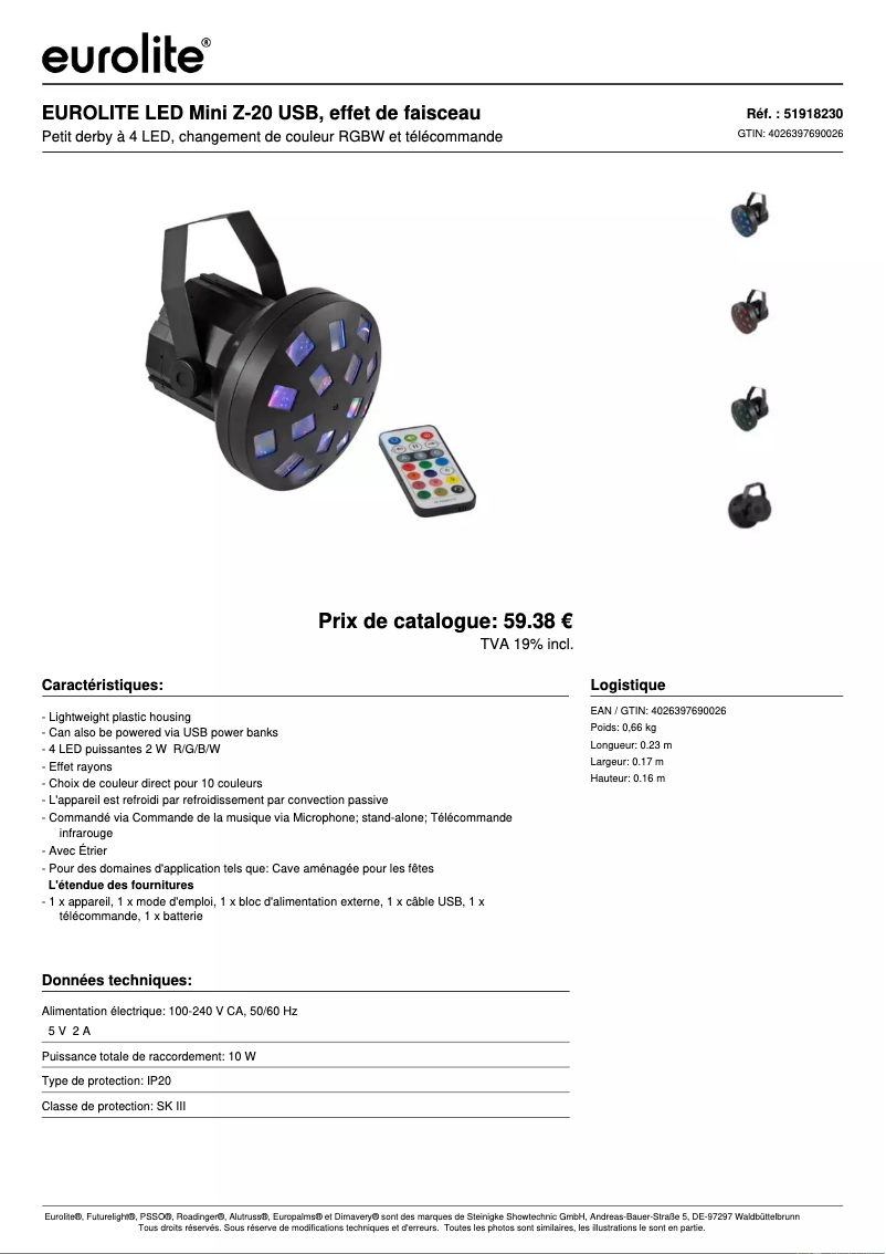 Page 1 de la notice Fiche technique Eurolite LED Z-20