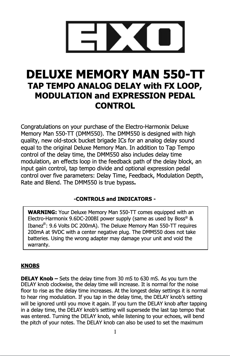 Page 1 de la notice Manuel utilisateur Electro Harmonix Deluxe Memory Man 550-TT
