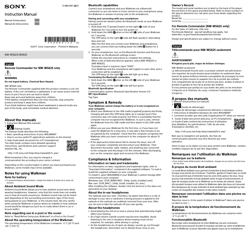 Page 1 de la notice Manuel utilisateur Sony NW-WS625
