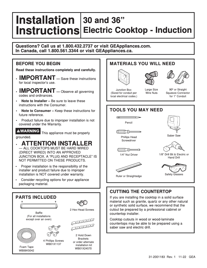 Página 1 del manual Guía de instalación GE Profile PHP7036DTBB