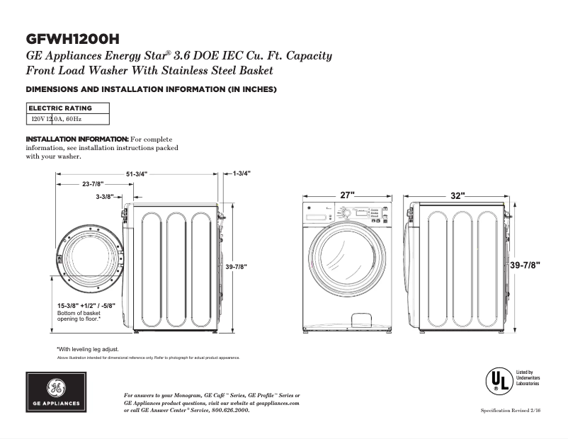 Page 1 de la notice Fiche technique GE GFWH1200HWW