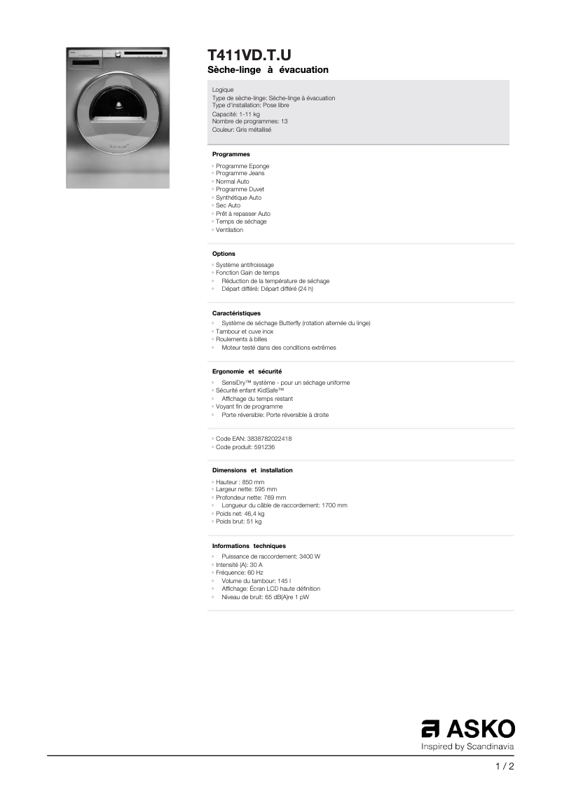 Page 1 de la notice Fiche technique Asko T411VD.T.U