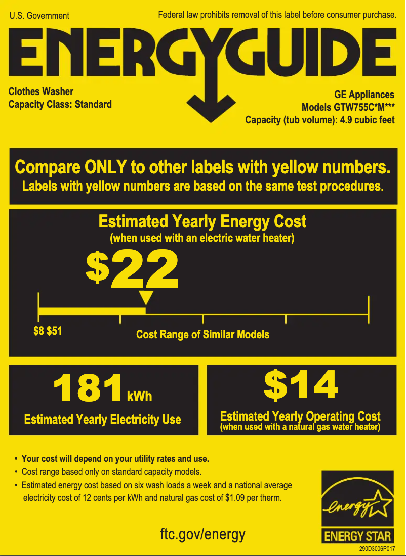 Page 1 de la notice Label énergétique GE GTW755CPMDG