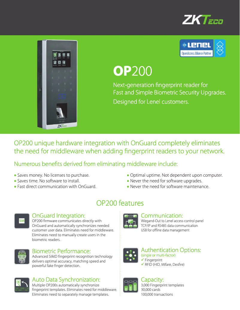Page 1 of the manual Technical Sheet ZKTeco OP200